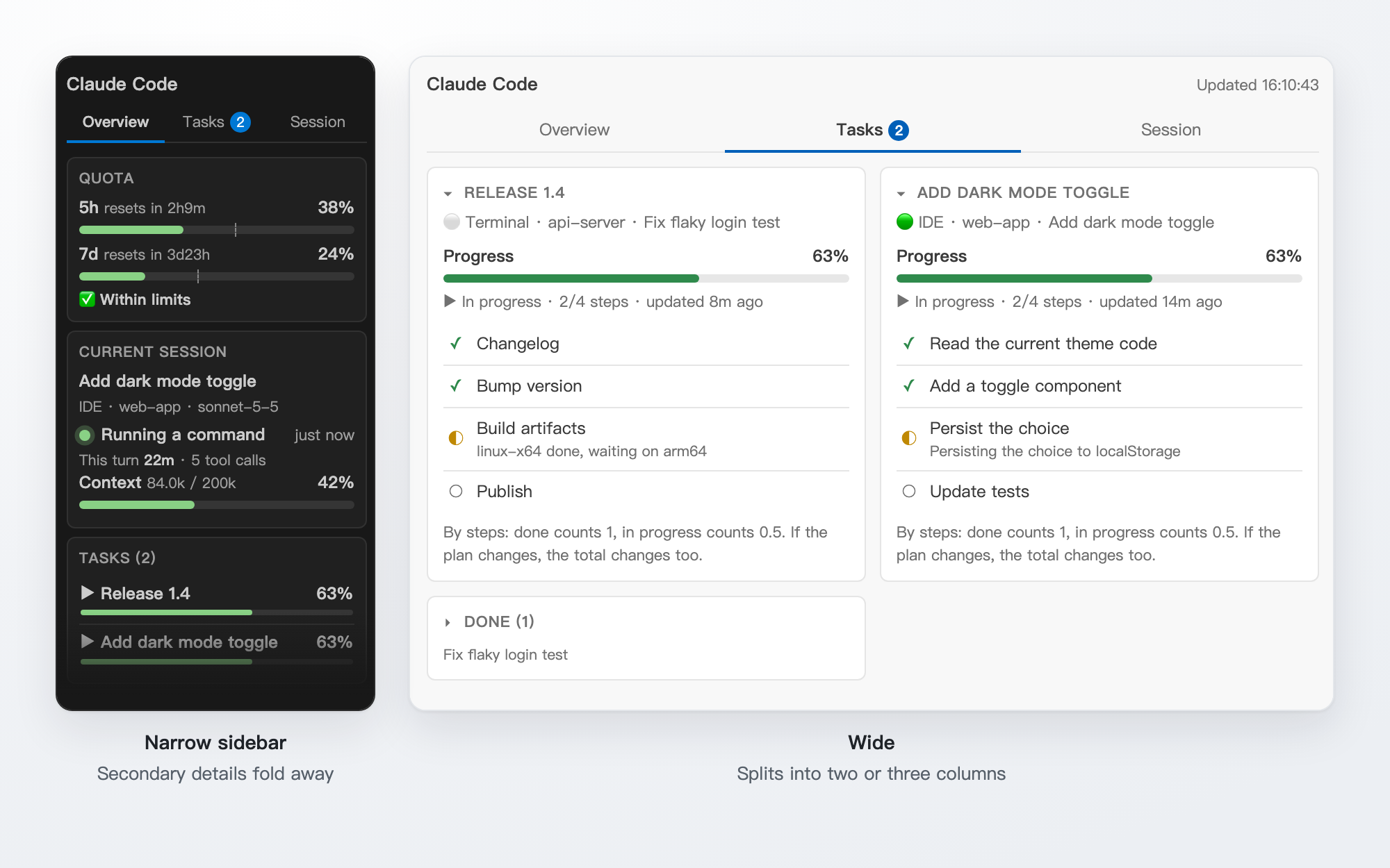 Left: a narrow sidebar folds away details. Right: a wide panel splits into columns